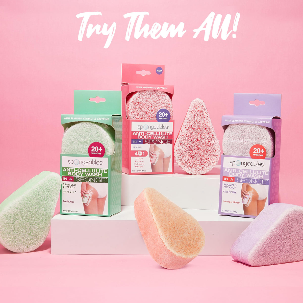 Spongeables displayed in bathroom setting conveying relaxing at-home spa benefit