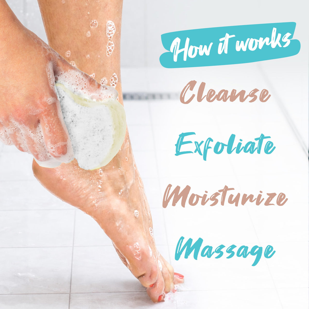 Spongeables next to a foot showing scale and targeted exfoliation for smoother skin