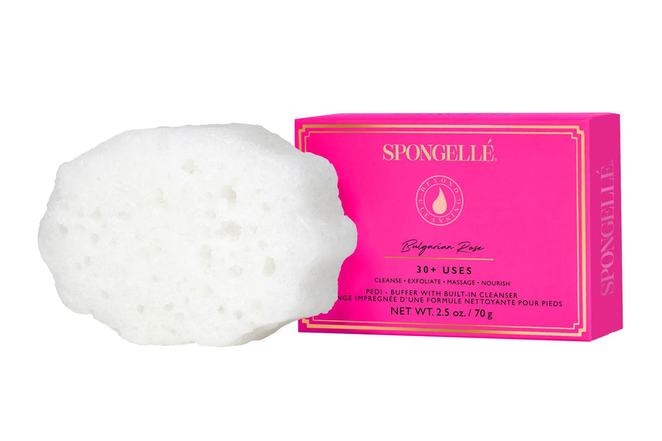 SPONGELLÉ front packaging showing Bulgarian Rose pedi buffer and benefits