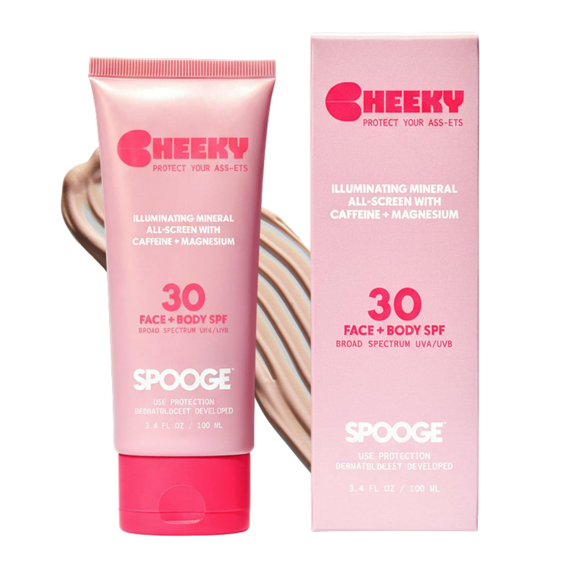 SPOOGE Cheeky front tube showing packaging and shimmer finish benefit