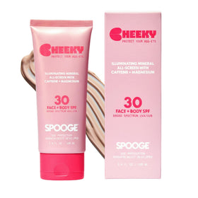 SPOOGE Cheeky front tube showing packaging and shimmer finish benefit