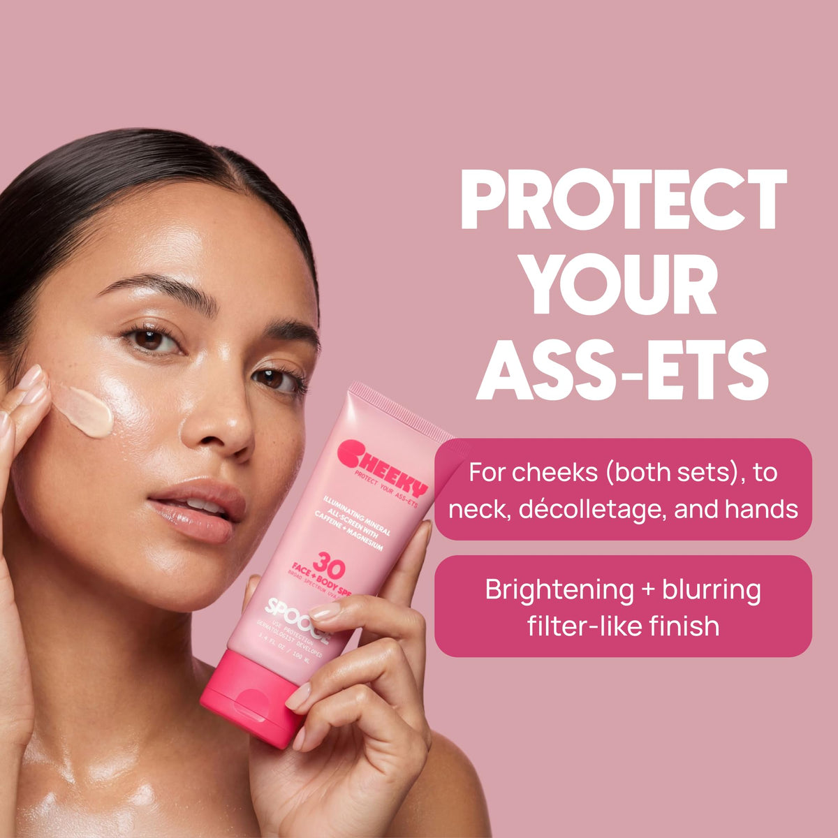 SPOOGE Cheeky label close-up showing ingredients and dermatologist-developed benefit