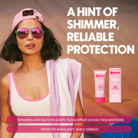 SPOOGE Cheeky on neck and decolletage showing even coverage and subtle radiance