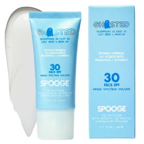 SPOOGE Ghosted front packaging showing tube and SPF information for travel-friendly protection