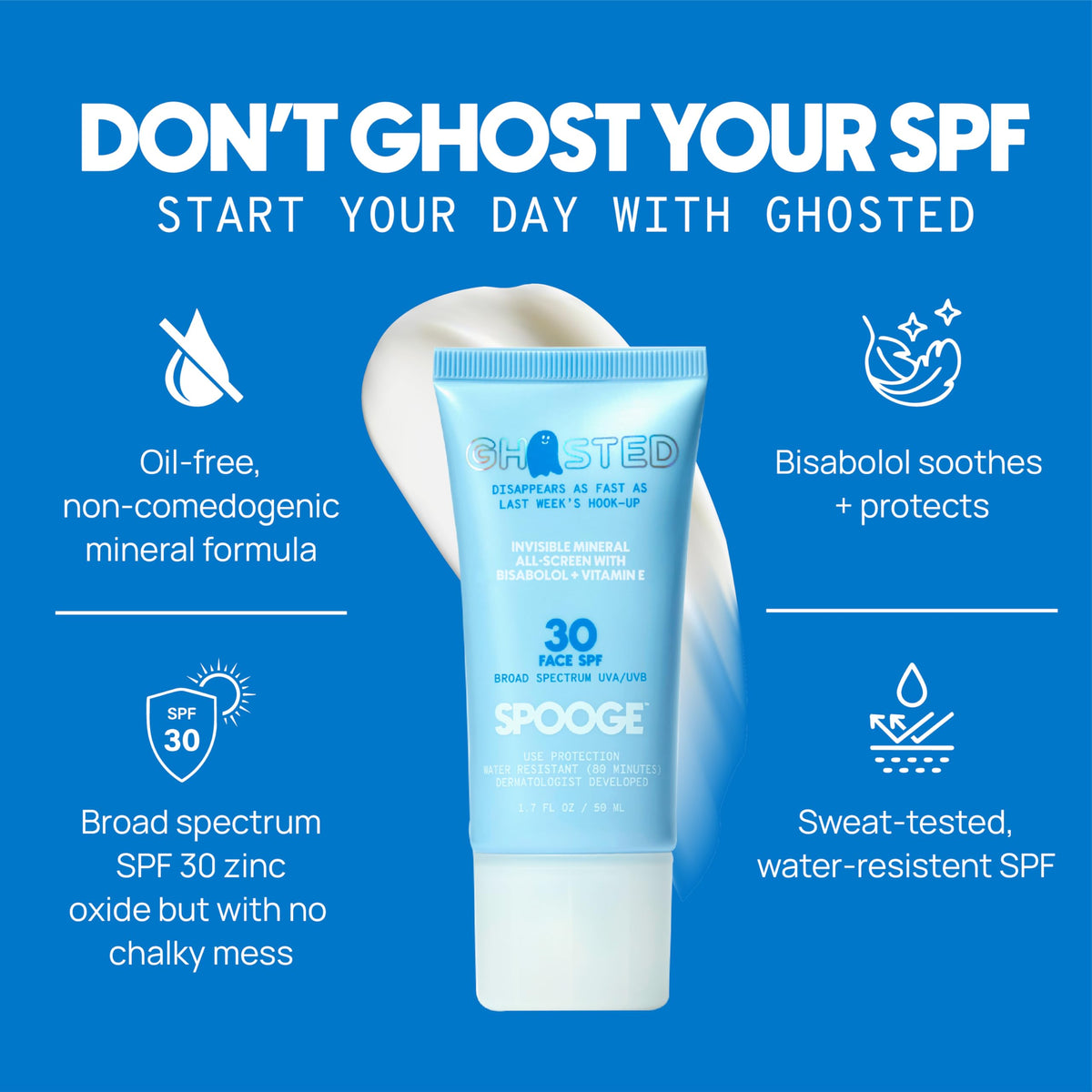 SPOOGE Ghosted tube beside sunglasses to show compact 1.7 oz size for easy transport
