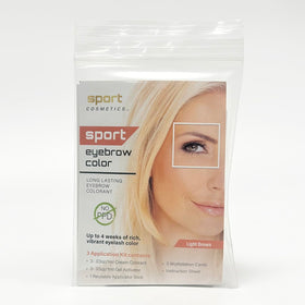 Sport Cosmetics lifestyle photo of woman applying brow color showing quick grooming benefit