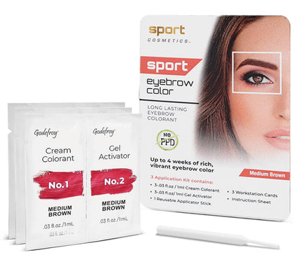Sport Cosmetics front packaging showing medium brown kit and clear instructions benefits quick application