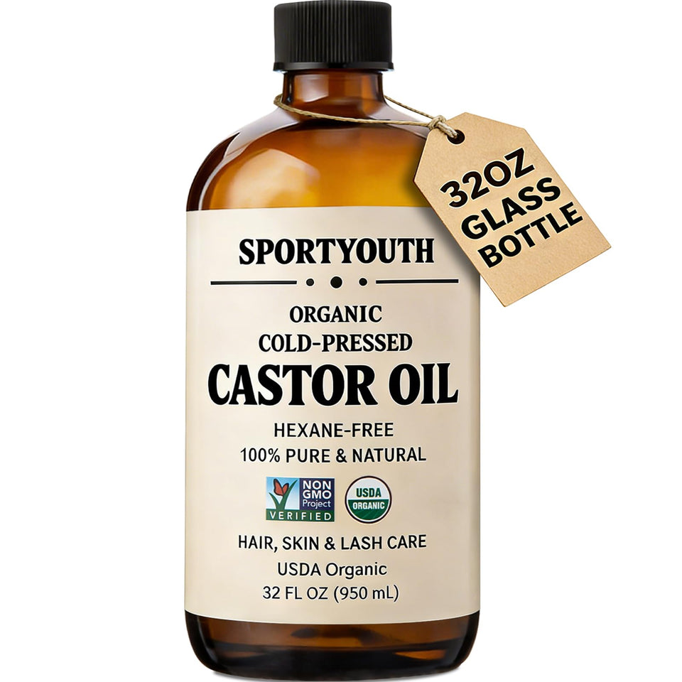 SPORTYOUTH 32oz amber glass bottle with clear organic castor oil, preserves potency