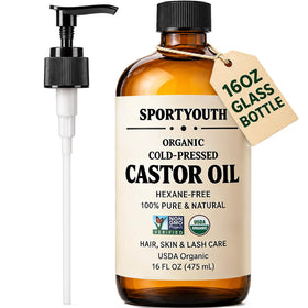 SPORTYOUTH front packaging amber glass bottle showing organic label and pump benefit preservation