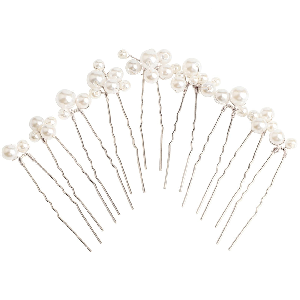 Sppry front packaging showing nine silver pearl hair pins, polished presentation benefit