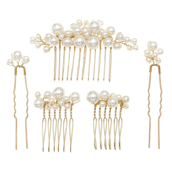 Sppry front view of gold pearl combs showing elegant design and shine