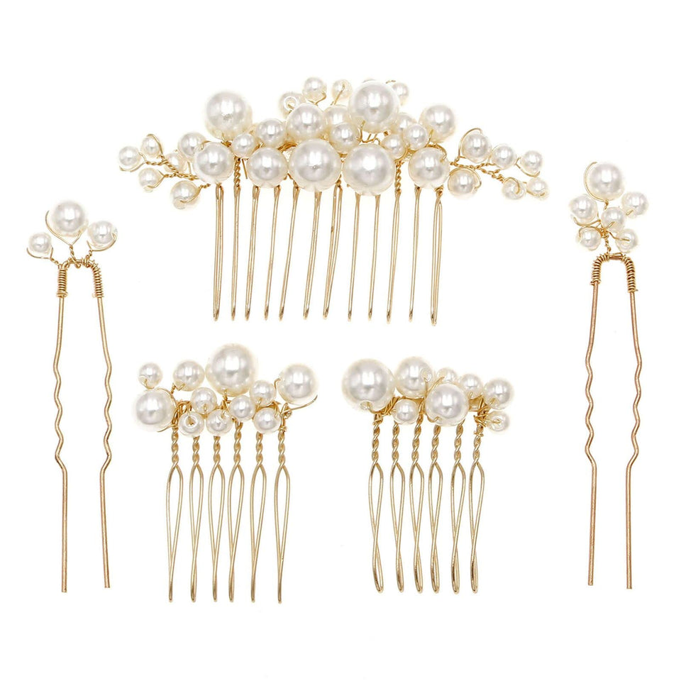 Sppry front view of gold pearl combs showing elegant design and shine
