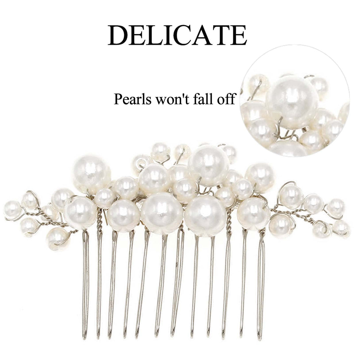 Sppry three hair pins laid on fabric illustrating mixed pearl sizes for styling