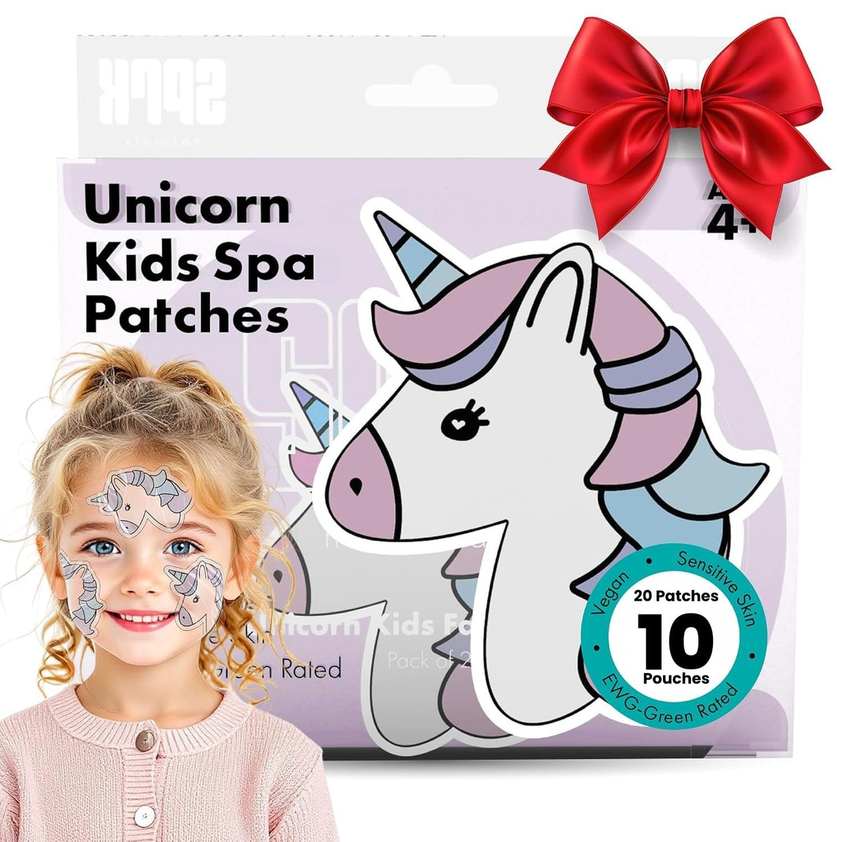Sprk Naturals front packaging showing ten unicorn-themed kid face masks and benefits