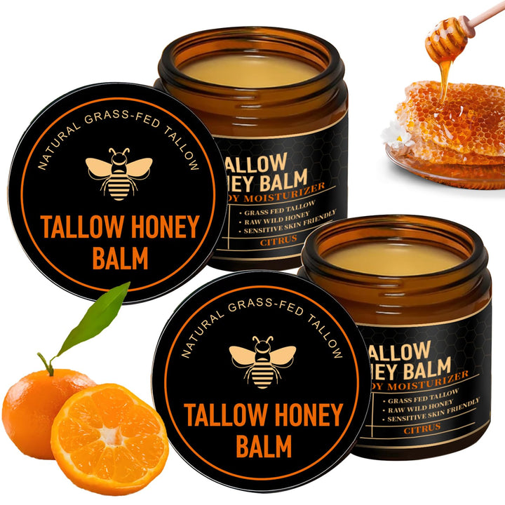 SPVMGRK front packaging showing two tallow balm jars and citrus label for easy identification and freshness