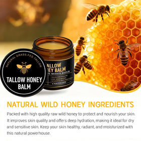 SPVMGRK ingredient display with raw honey olive oil and tallow highlighting natural sourcing