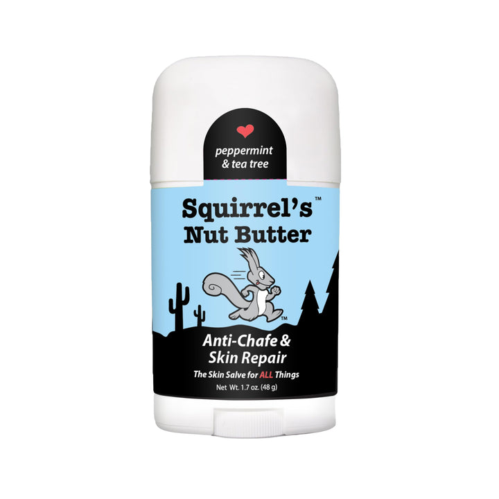 Squirrel's Nut Butter front packaging showing 1.7 oz stick and branding benefits