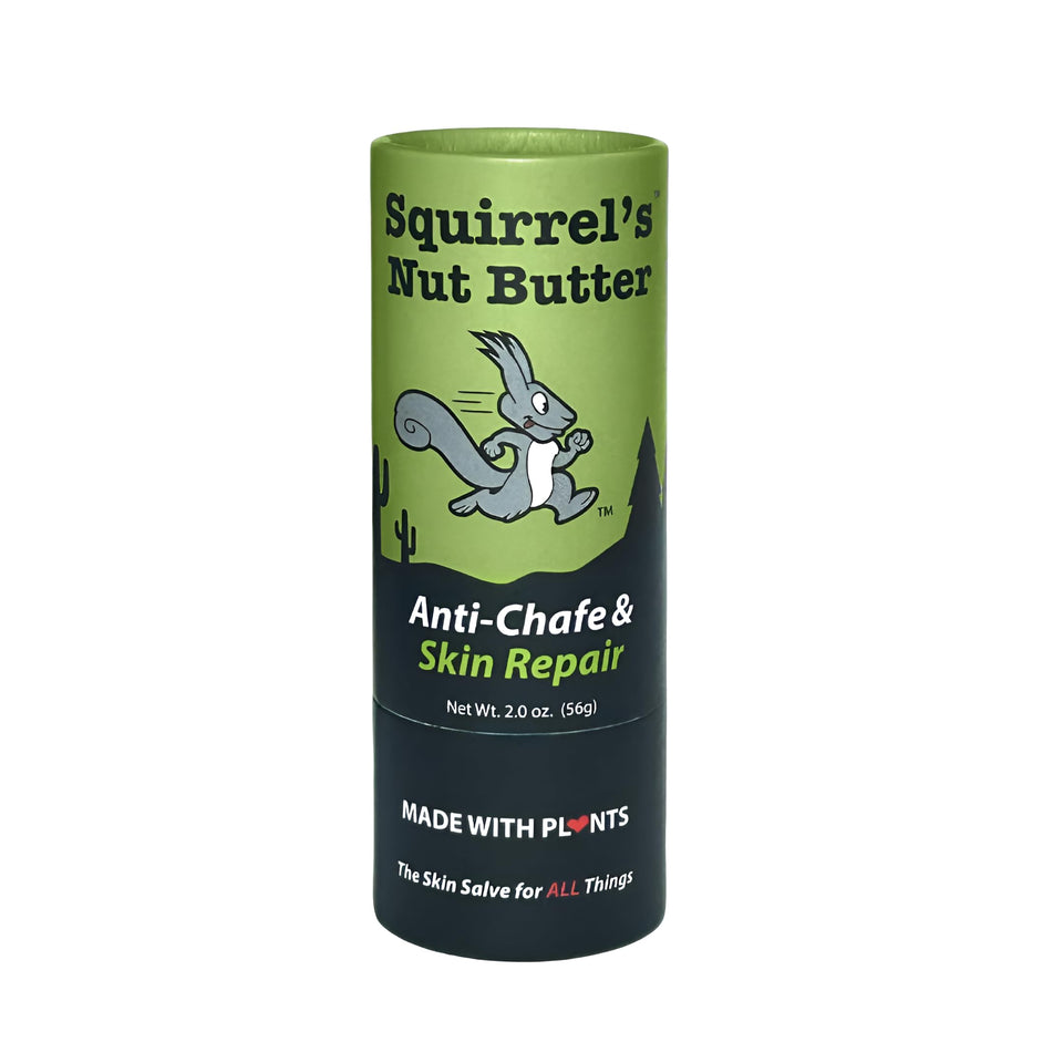 Squirrel's Nut Butter front packaging showing compostable tube and branding benefit convenience