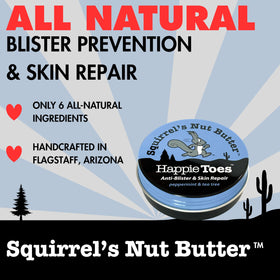 Squirrel's Nut Butter closed tin next to coin illustrating travel-friendly size