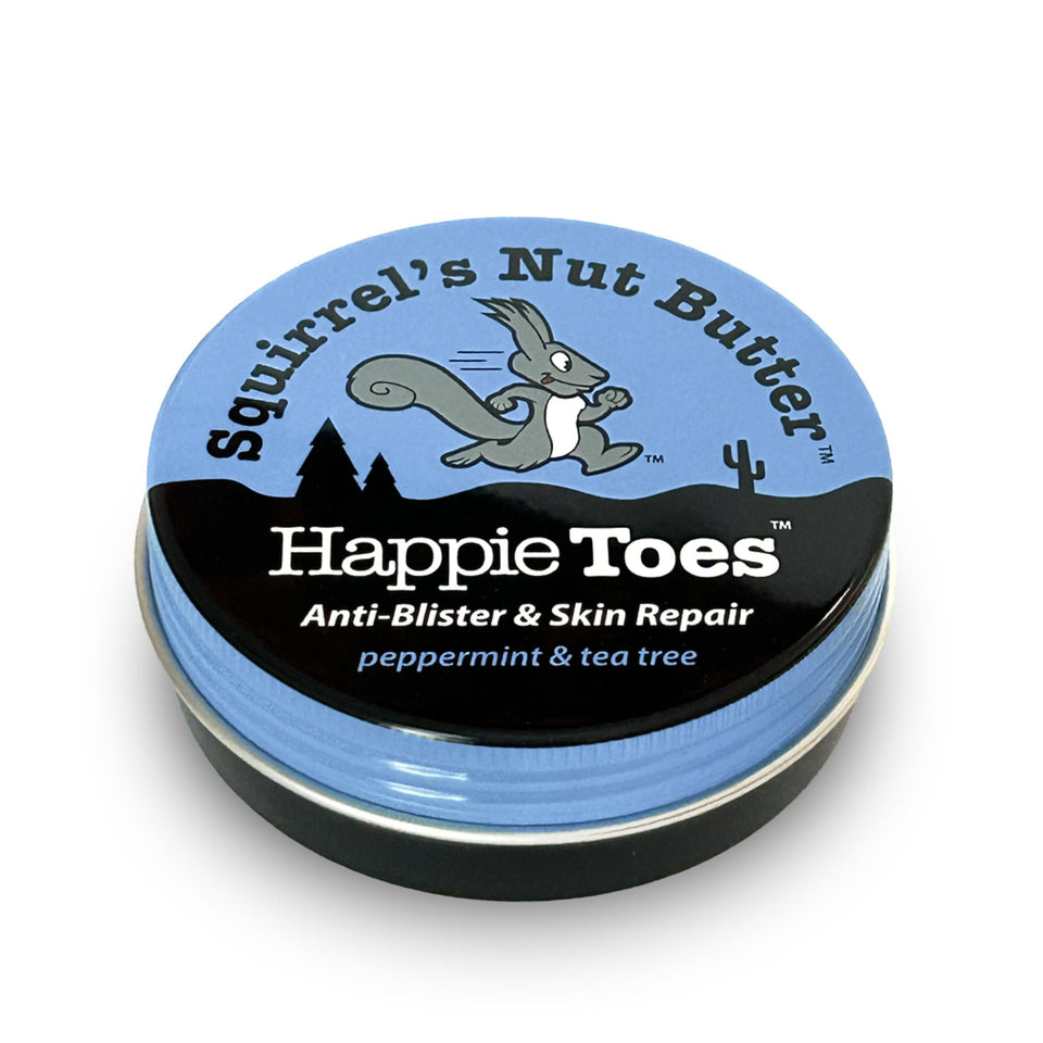 Squirrel's Nut Butter front tin showing product and compact portability benefits