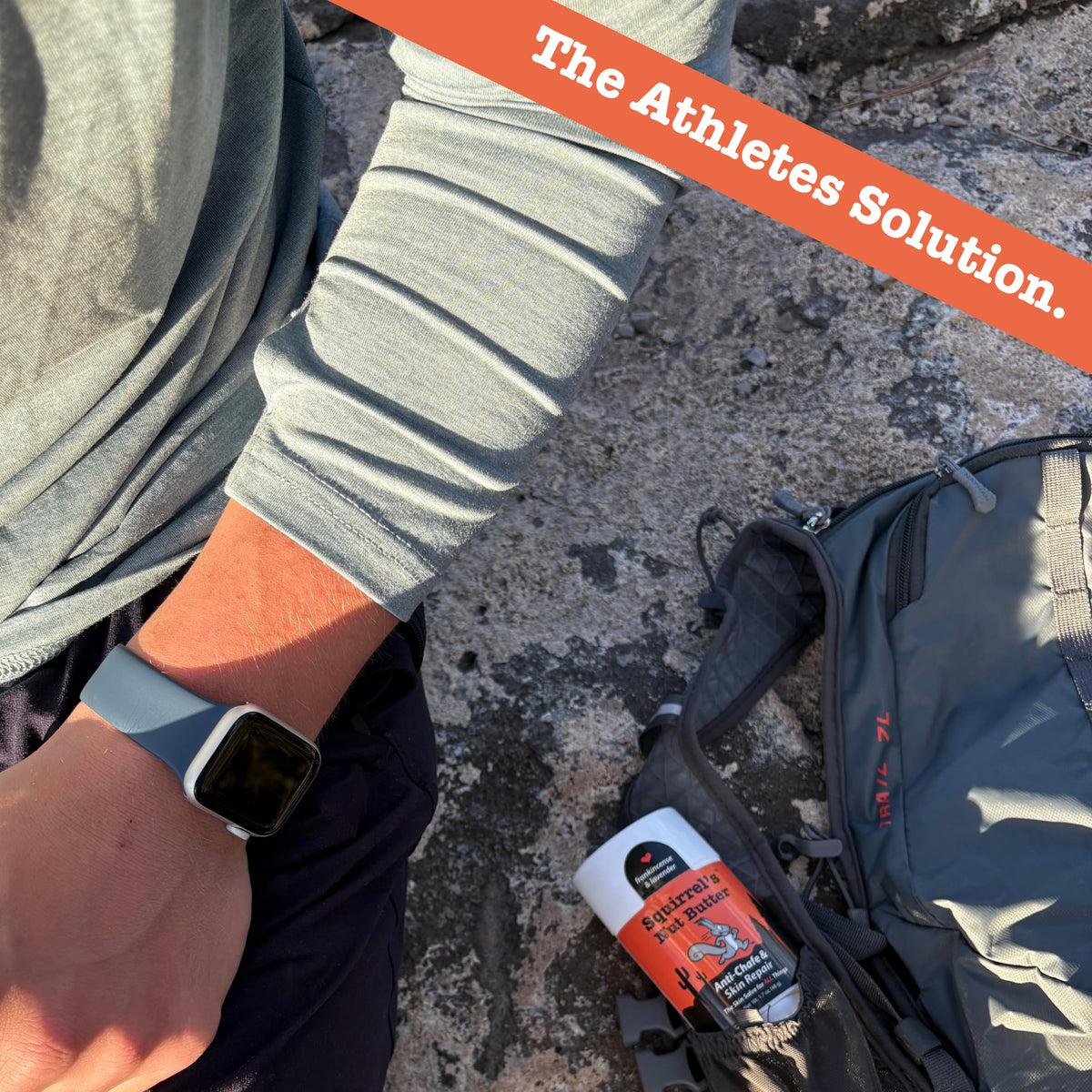 Squirrel's Nut Butter being applied to thigh demonstrating friction prevention for runners