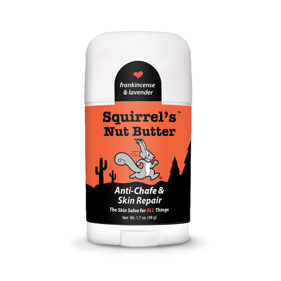 Squirrel's Nut Butter front packaging showing compact anti-chafe stick protecting skin