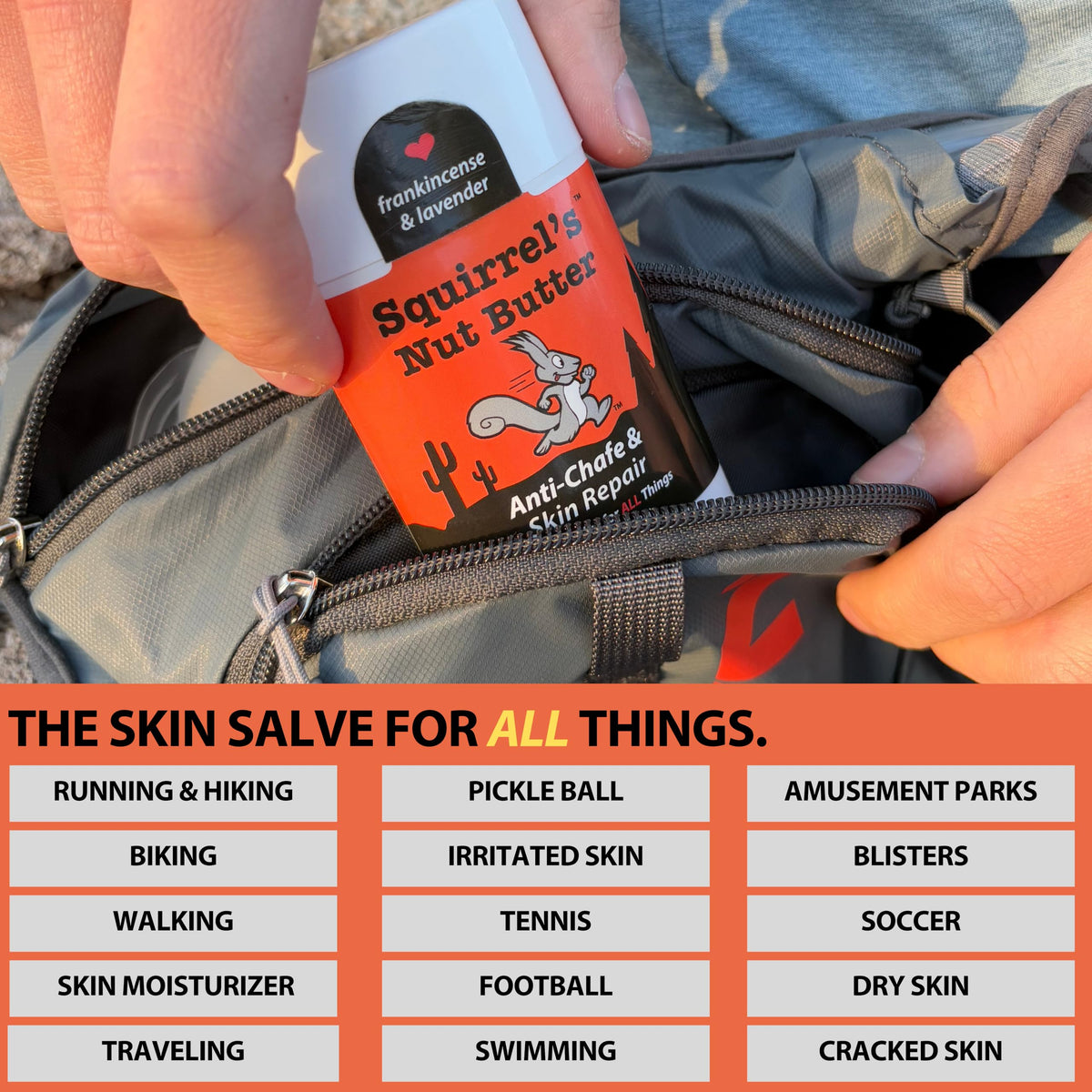 Squirrel's Nut Butter in a trail runner kit illustrating reliable chafe protection outdoors