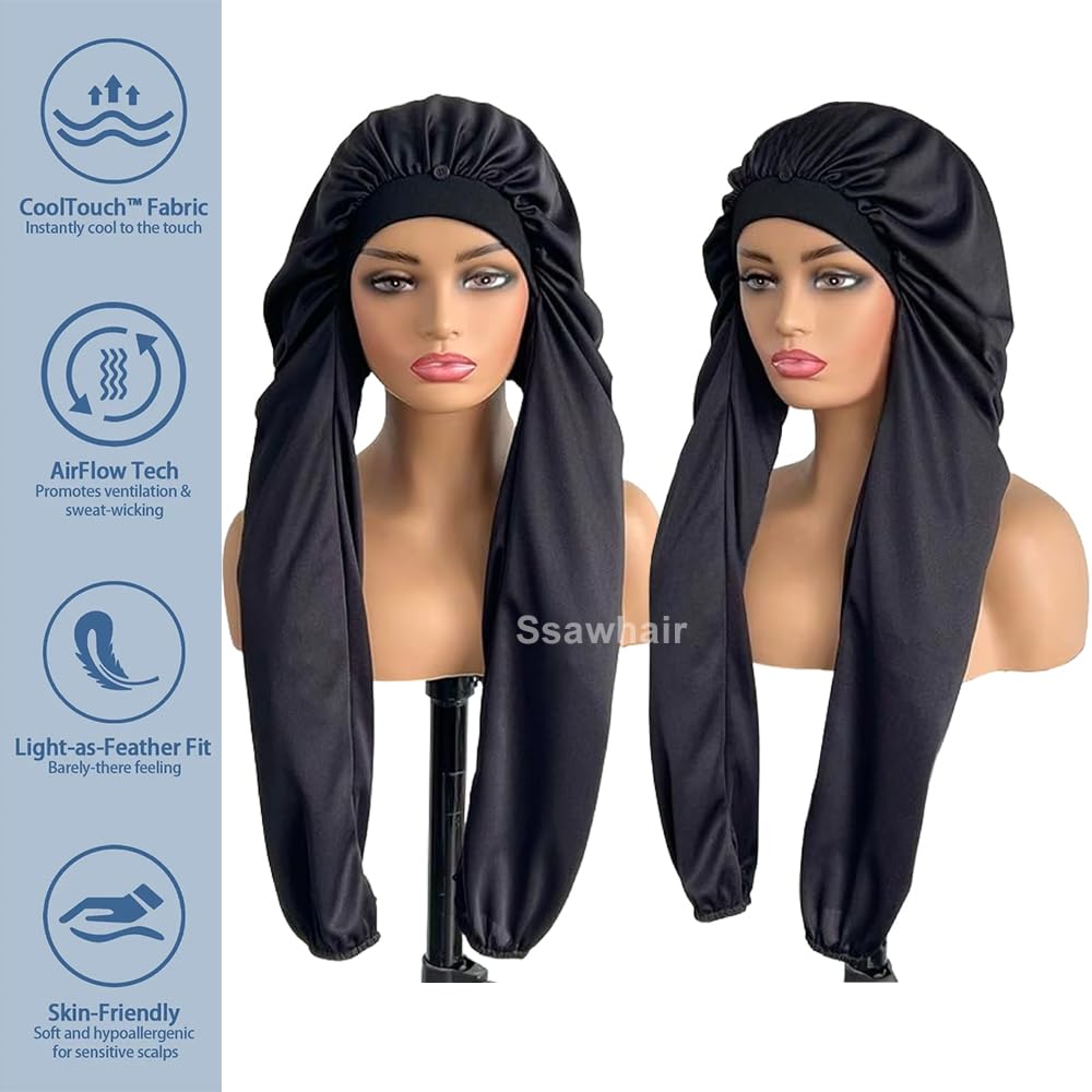 Ssawhair bonnet on model with long braids preserving style overnight