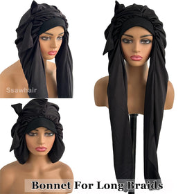 Ssawhair bonnet held in hands showing scale and adjustable fit benefit