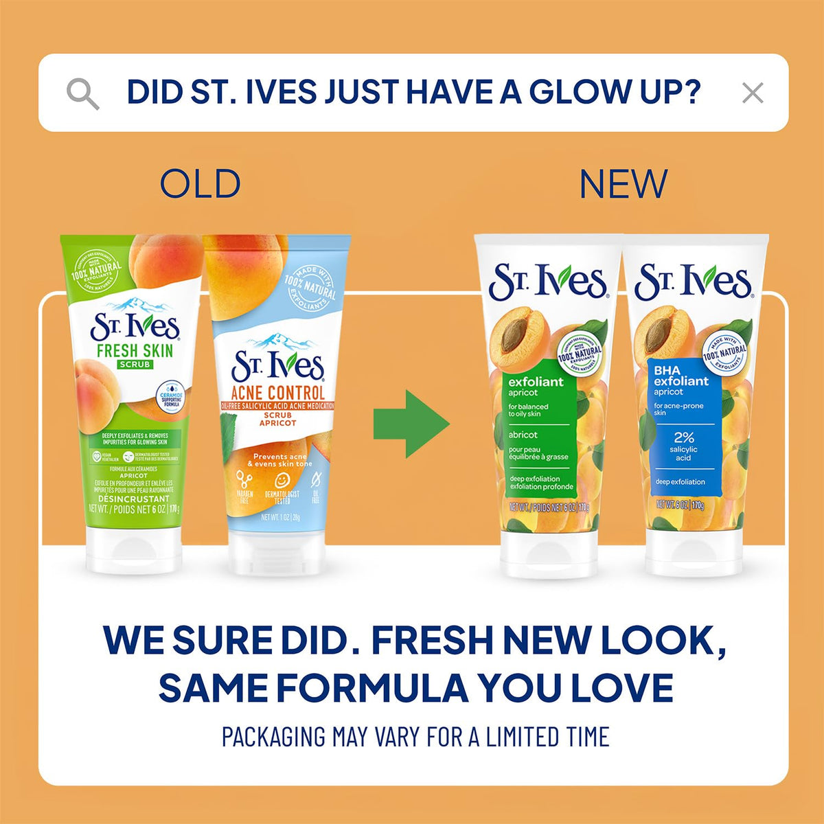 Apricot extract visual with St. Ives label emphasizing natural fruit extract and nourishing benefit