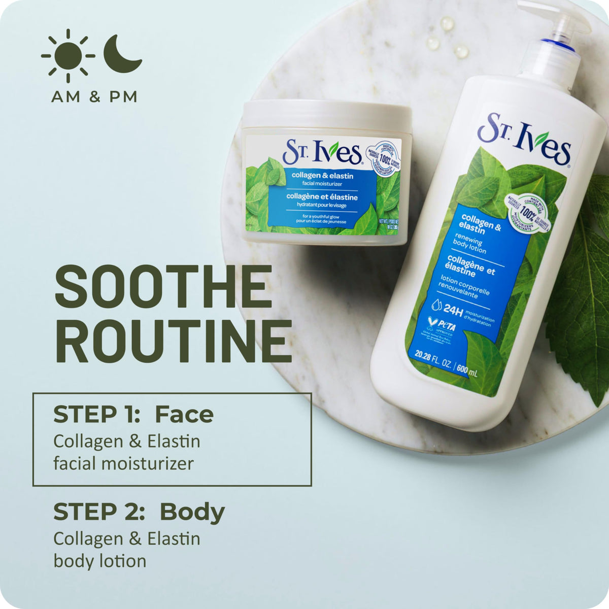 St. Ives bottle on bathroom counter in lifestyle setting suggesting daily routine fit