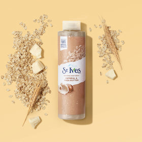 St. Ives bottle label visible with recycled-plastic messaging and brand benefit