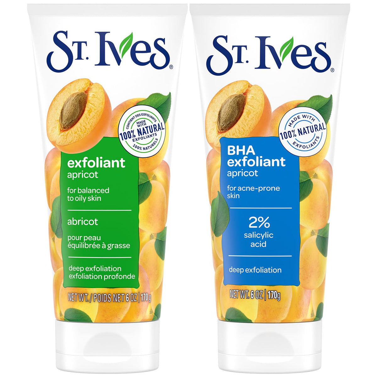 St. Ives front packaging of 2-pack showing both apricot scrub tubes and clear product names for choice