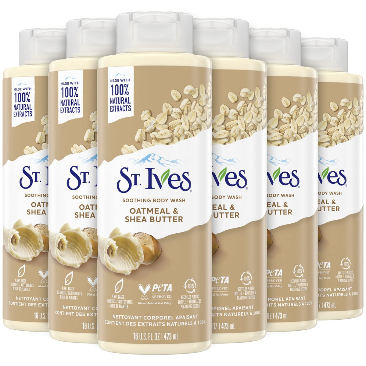 St. Ives front packaging showing oatmeal and shea butter for gentle cleansing