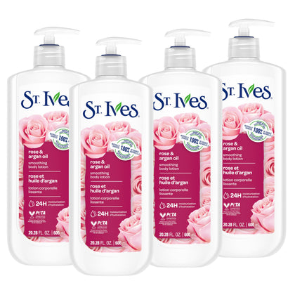 St. Ives front packaging showing rose and argan oil benefits