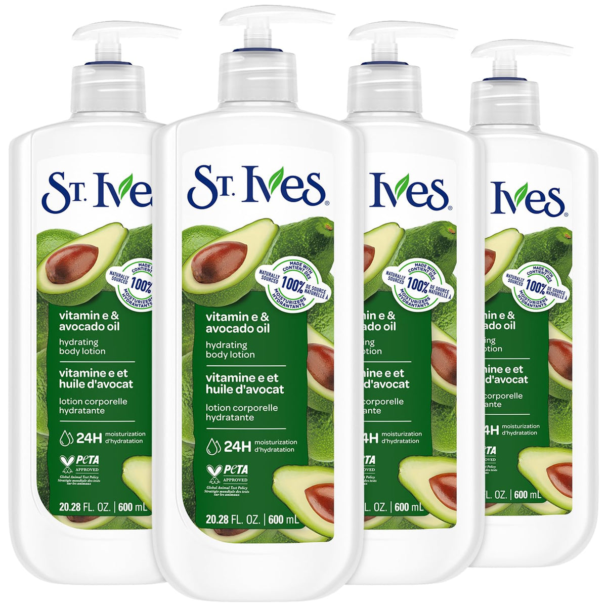 St. Ives front packaging showing four 20 oz bottles and label benefits