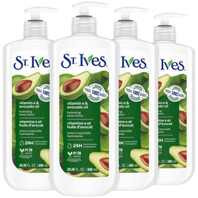St. Ives front packaging showing four 20 oz bottles and label benefits