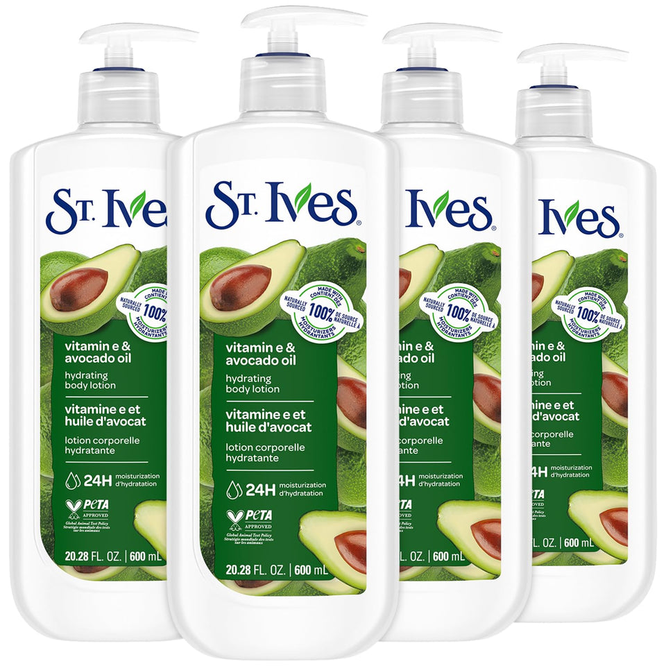 St. Ives front packaging showing four 20 oz bottles and label benefits