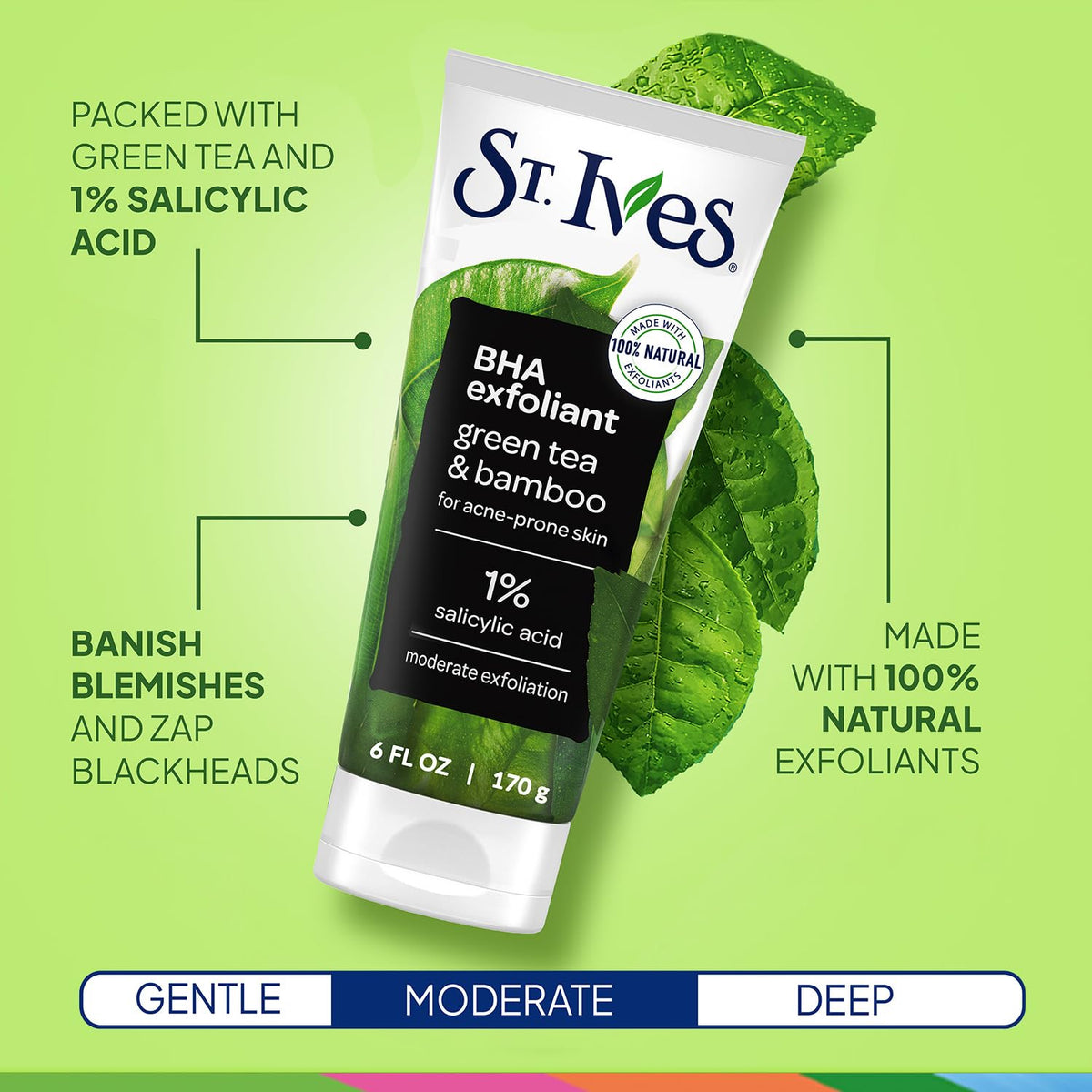 St. Ives Green Tea scrub texture with bubbles, illustrates pore-clearing benefit