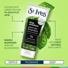 St. Ives Green Tea scrub texture with bubbles, illustrates pore-clearing benefit