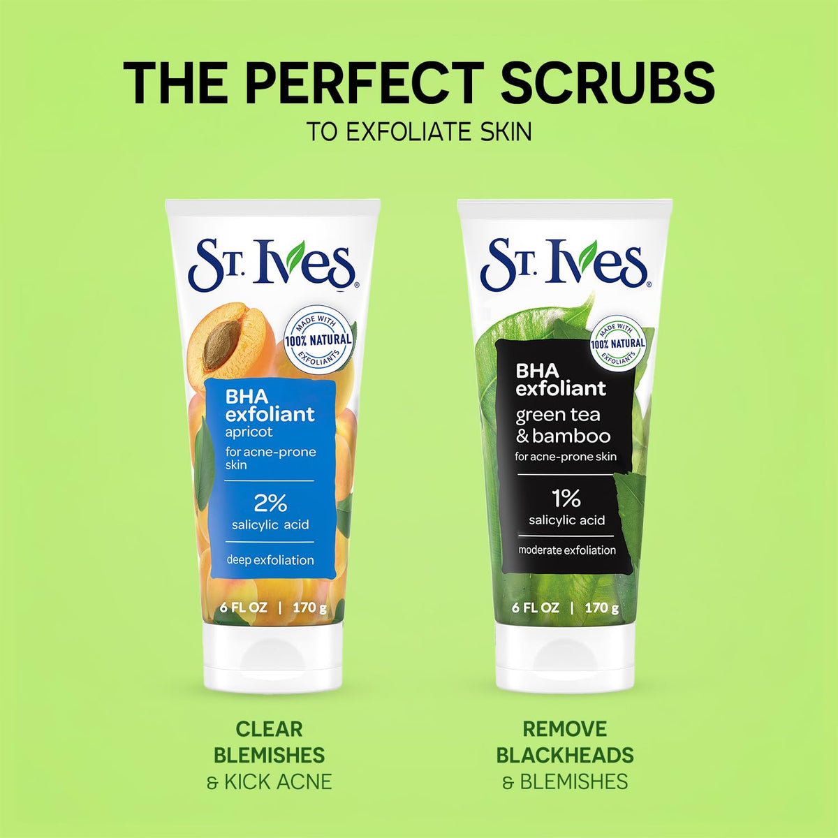 St. Ives Green Tea BHA tube close-up label, emphasizes blackhead-targeting benefit