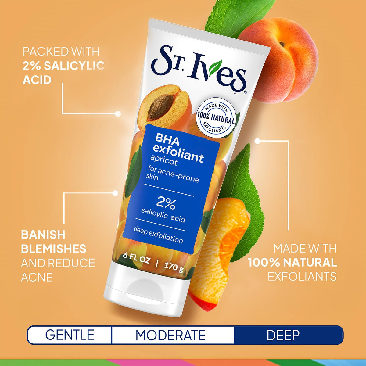 Hand applying St. Ives scrub to damp face demonstrating gentle massage and deep cleansing benefit