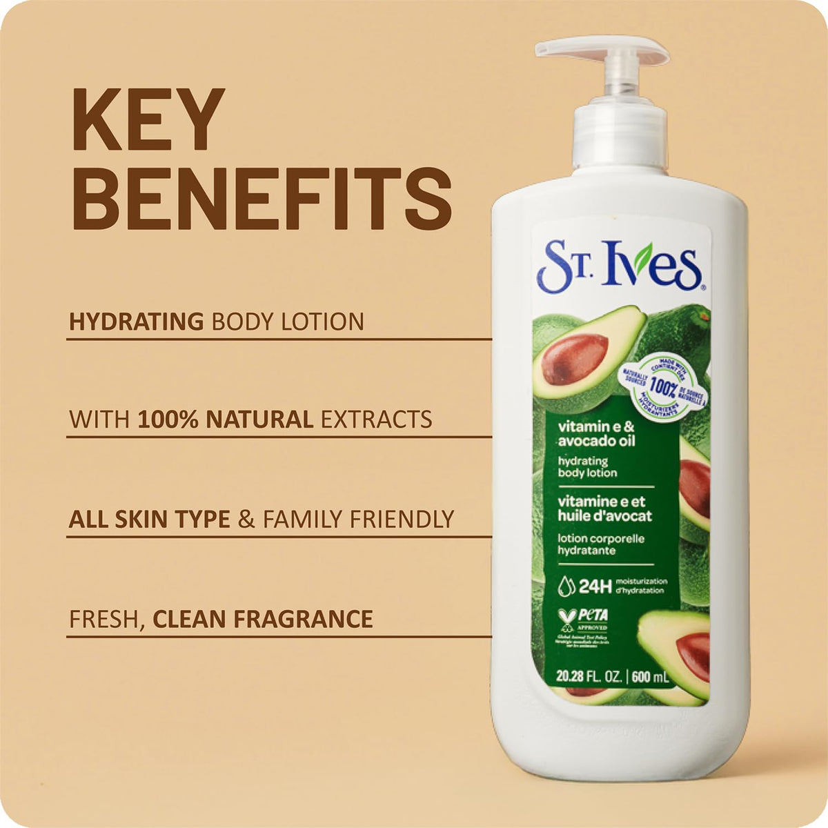 St. Ives ingredient icons highlighting Vitamin E and avocado oil benefits