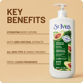 St. Ives ingredient icons highlighting Vitamin E and avocado oil benefits