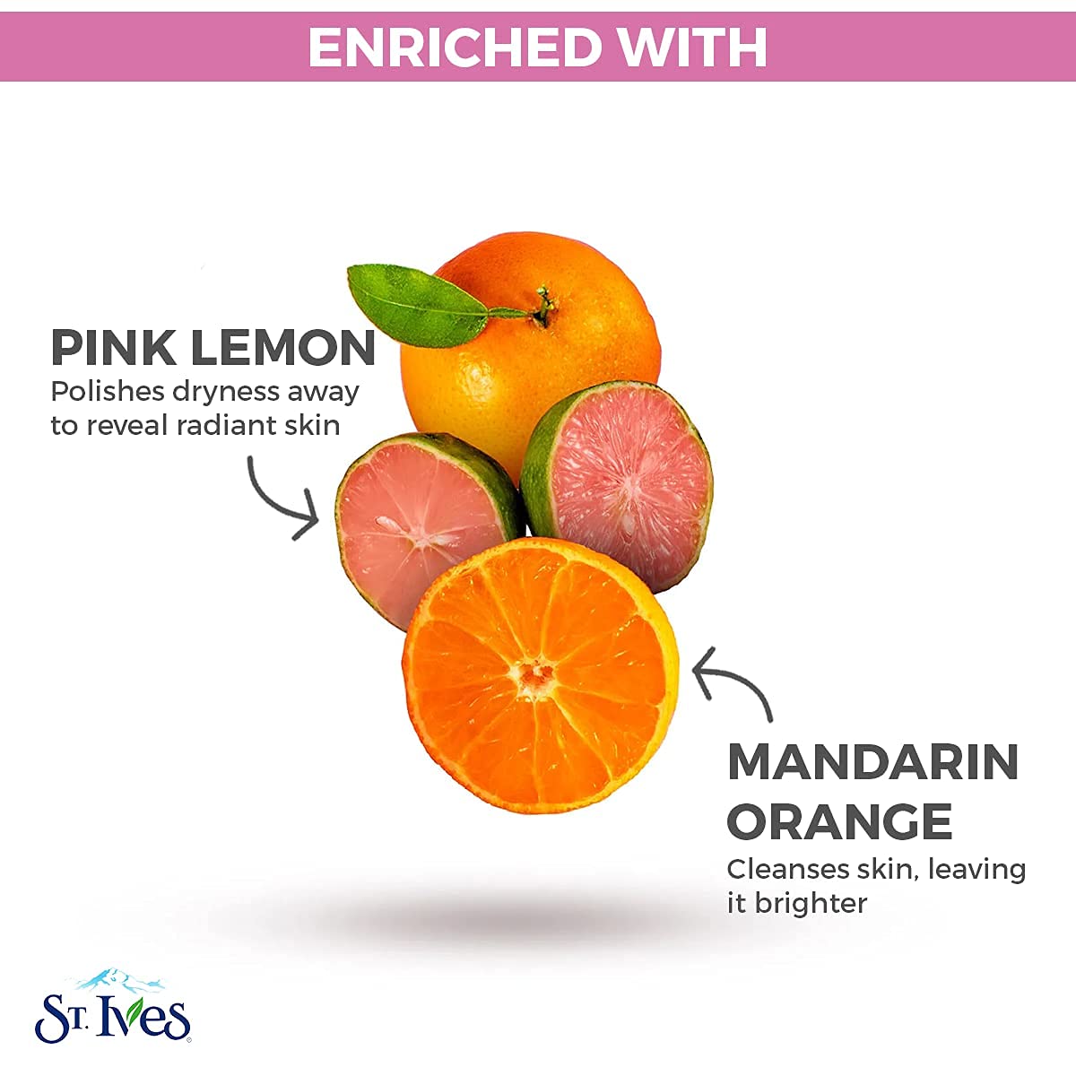 St. Ives mandarin and pink lemon extracts highlighting natural ingredients