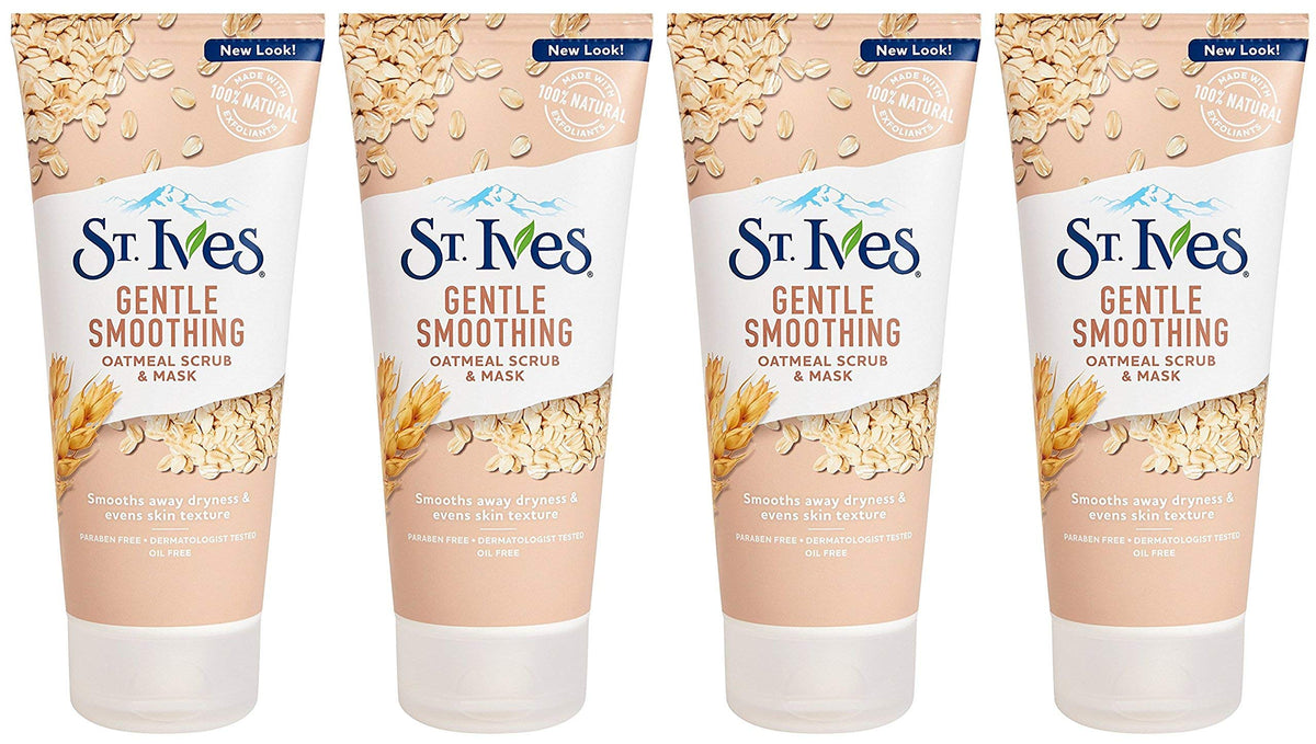 St. Ives front packaging showing oatmeal scrub-mask, reveals smoother skin