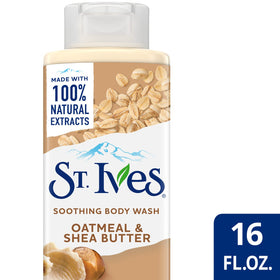 Close-up of St. Ives body wash texture highlighting a smooth, soothing cream