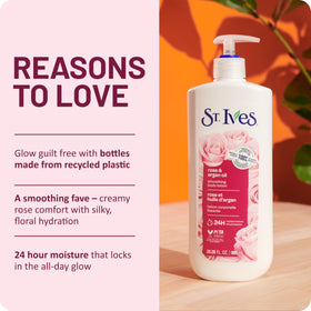 Model applying St. Ives lotion on arm for smooth skin benefit