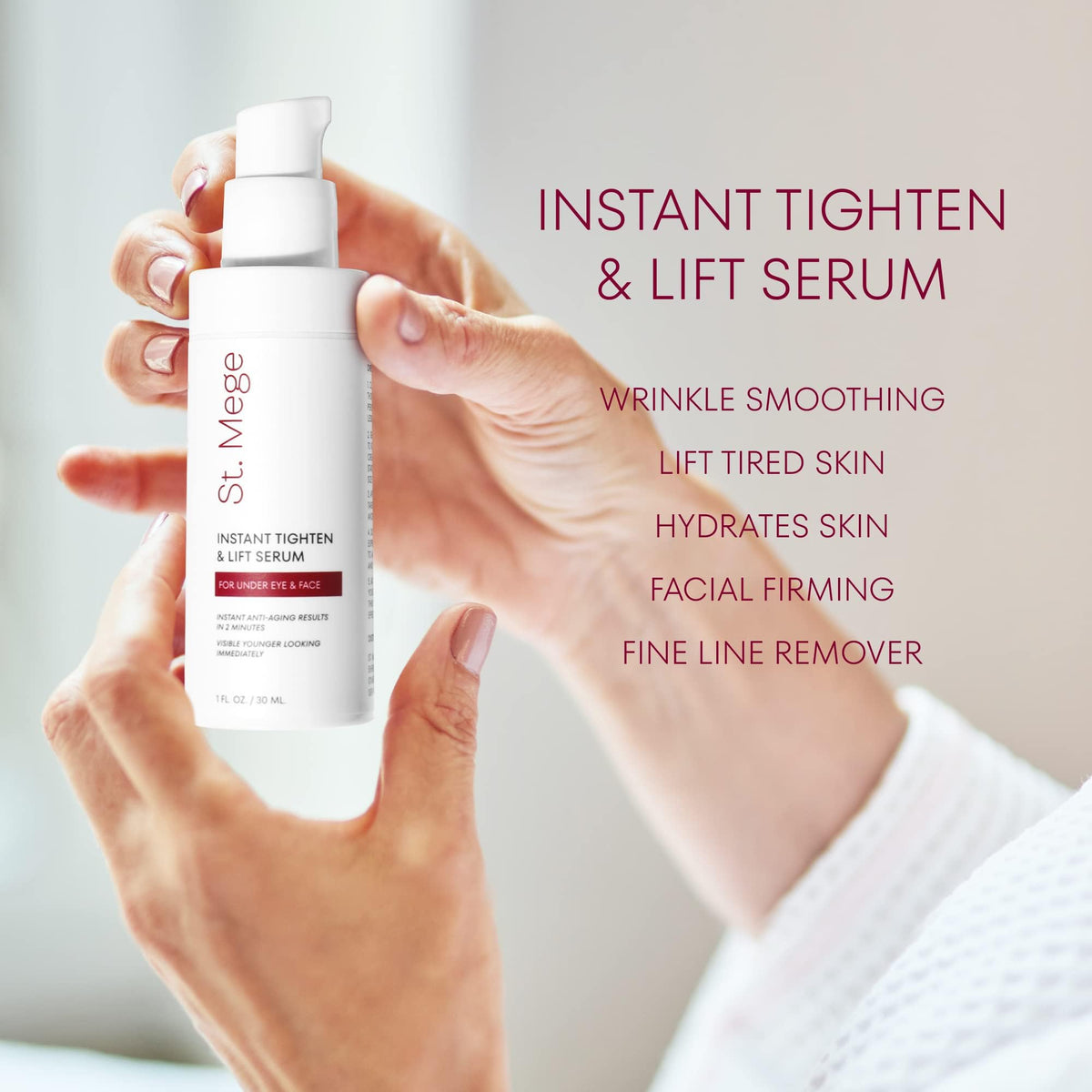 St. Mege applied under-eye demonstrating instant firming for smoother look