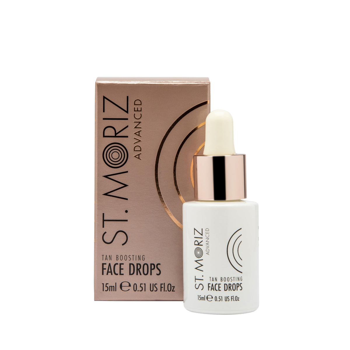 ST. MORIZ front packaging showing compact 15ml bottle for travel-friendly tanning